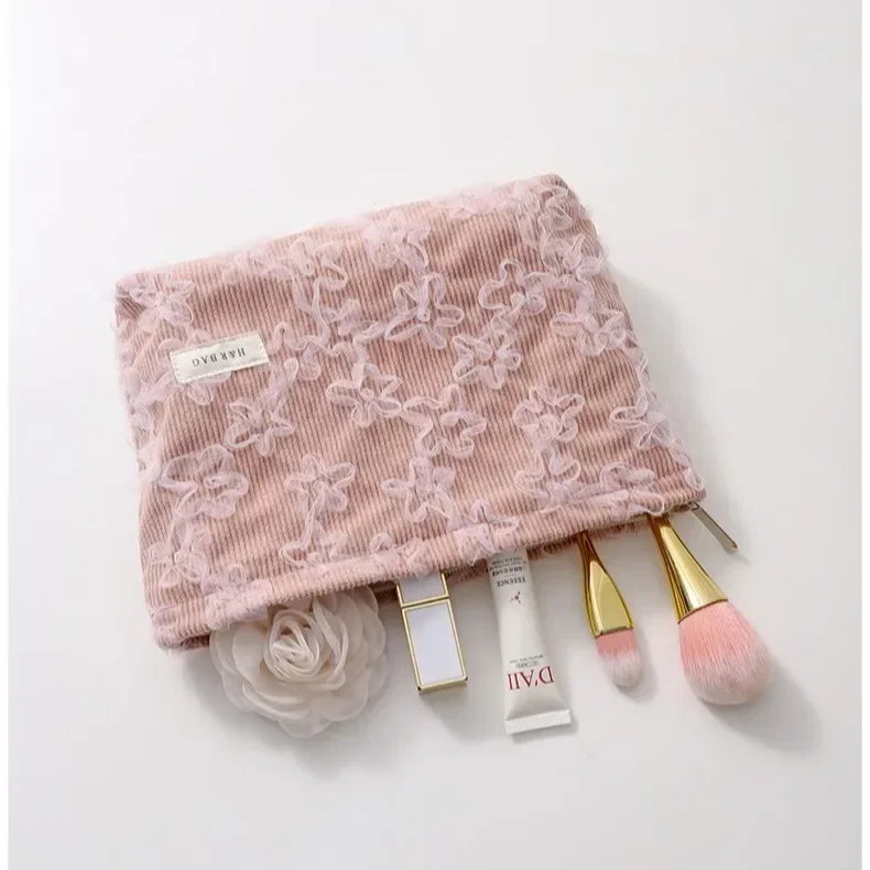 코듀로이 레이스 입체 자수 화장품 가방, 여성 메이크업 가방, 여성 클러치 백, 메이크업 파우치 케이스, 여행 정리함