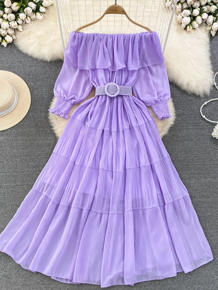 Off-The-Shoulder Flutter Sleeves Pleated Tea-Length Dresses Vintage Mauve