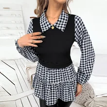 

women fake two piece blouse Spliced Knitted plaid ladies tops long sleeve Spring Autumn Office Lady women shirts blouses