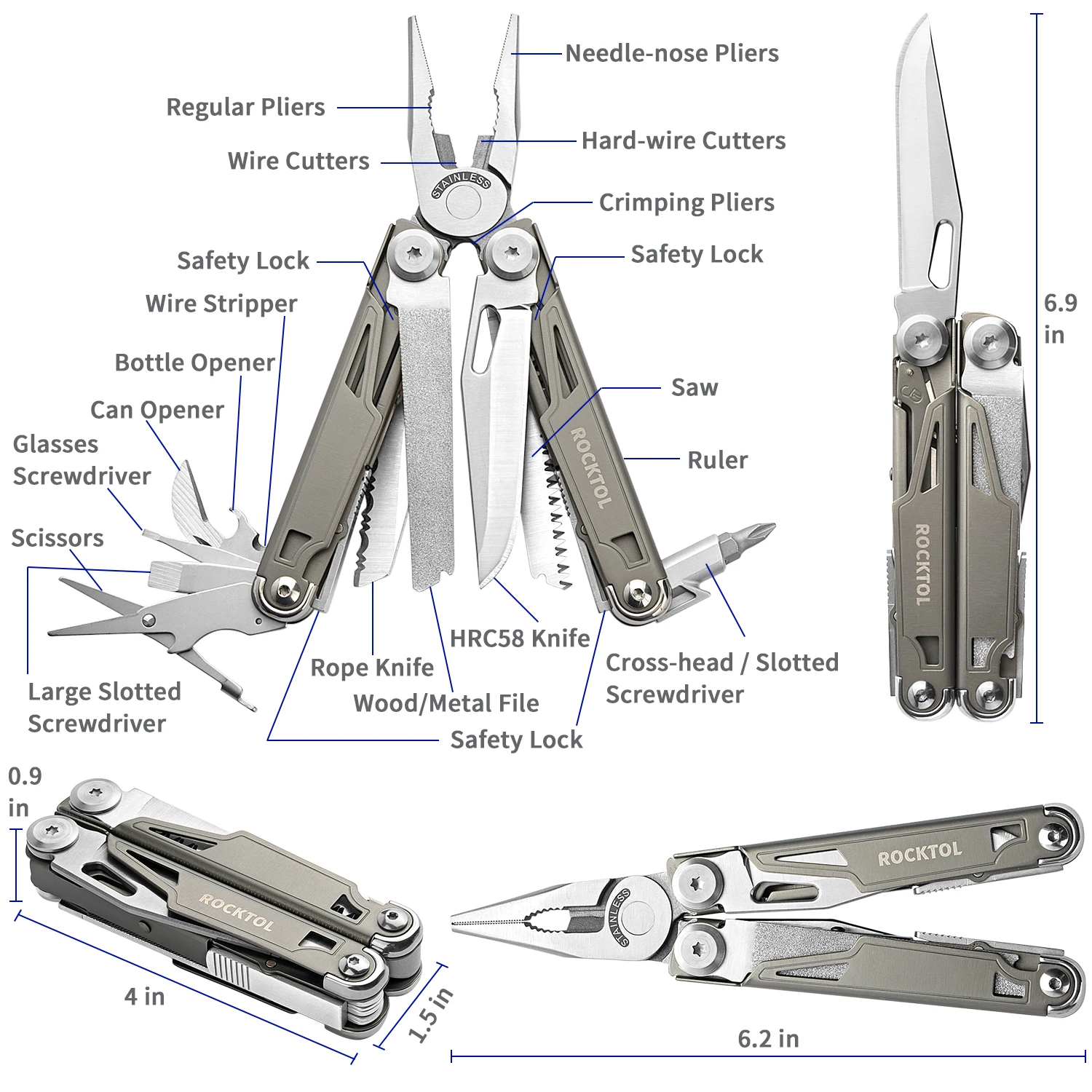 ROCKTOL Multitool,19-in-1 Multitool Pliers with Titanium-plated Handle, Safety Locking, Lightweight EDC Tool and Nylon Sheath fo 6