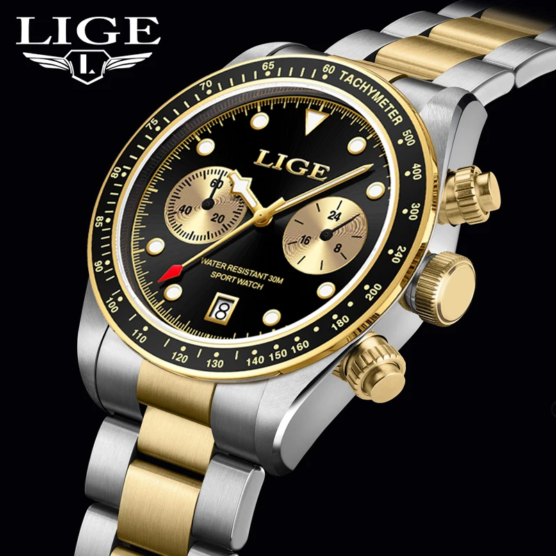 LIGE Luxury Gold Mens Quatz Watches Stainless Steel Chronograph Waterproof Wristwatch Date Lume Males Watch For Men 2024 NEW