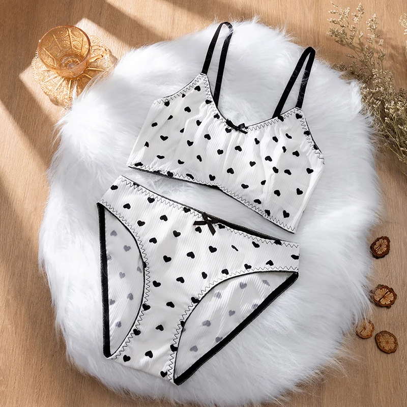 Women's Heart Print Ultra-Thin Lingerie Set - Breathable and Soft