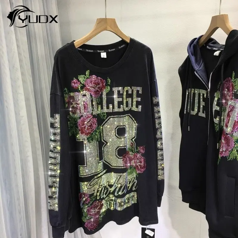 

YUDX L-4XL Large Size Female Sweatshirt Luxury Shiny Hot Drilling O-neck Pullover Top Spring Autumn Long Sleeve Casual Hoodies