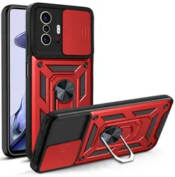 Shockproof Armor Case with Magnetic Holder Ring and Slide Camera Protector for Mi 11T Pro (Red)