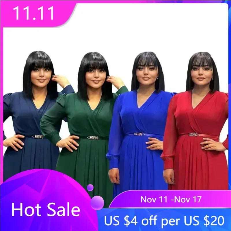 

African Maxi Dresses for Women Autumn Africa Long Sleeve V-neck Solid Color Party Evening Long Dress Gowns Robe African Clothing