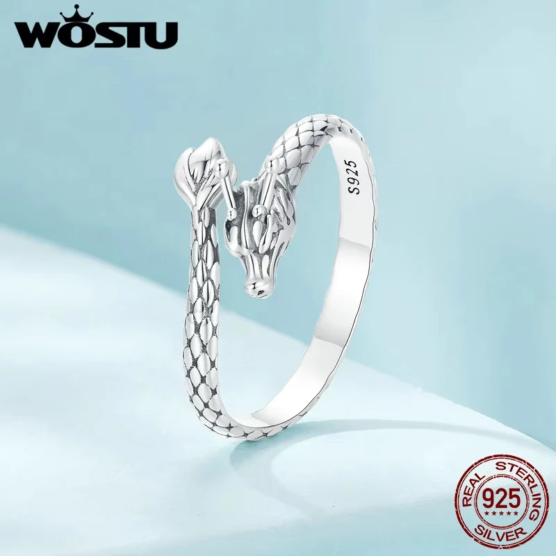 Silver Ring WOSTU Vintage 925 Sterling Silver Dragon Opening Ring For Women Lucky Gothic Animal Stackable Rings Party Punk Hiphop Gift