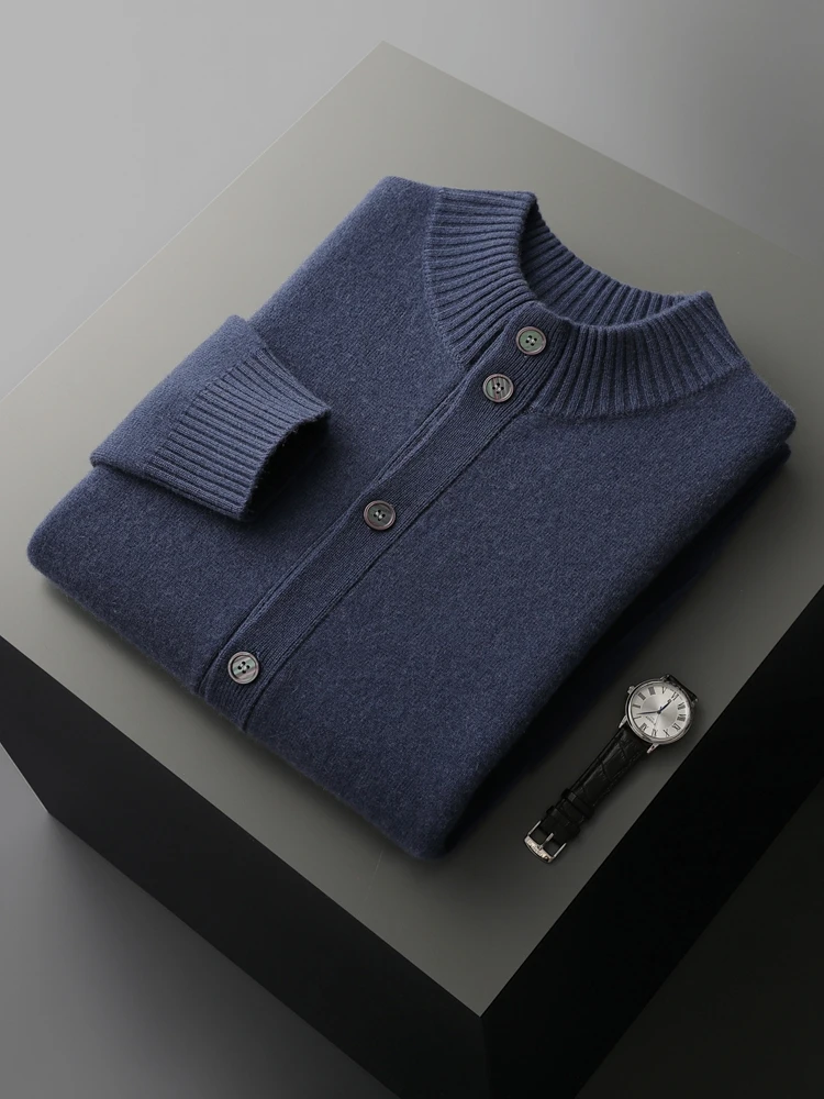 ANGEL Men's 100% Cashmere Sweater Coat Mock Neck Thick Cardigan Buttons Smart Casual Autumn Winter Cashmere Knit Clothing Top 5