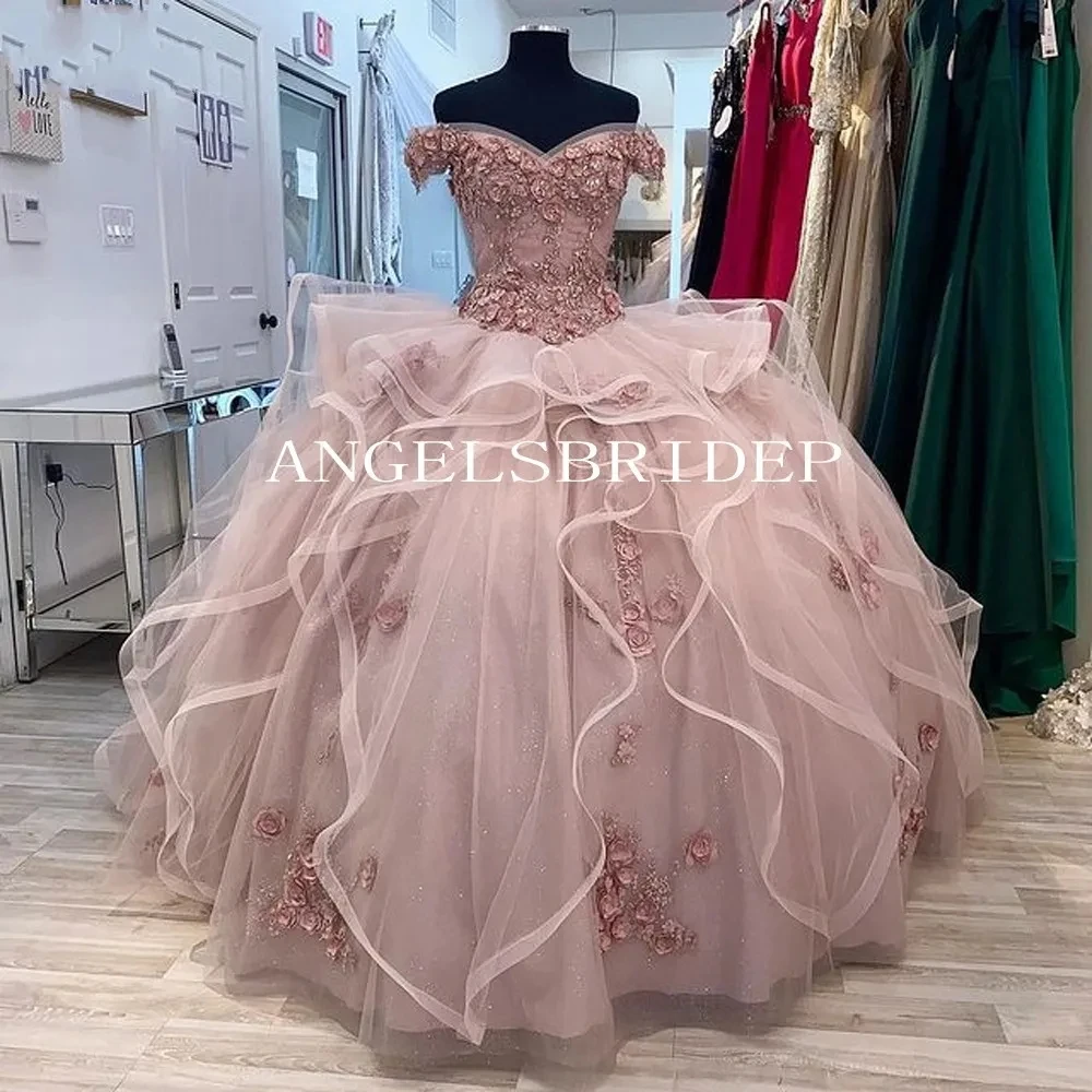 

Angelsbridep Pink Ball Gown Quinceanera Dresses Off Shoulder Tiered Princess Lace Up Vestido De 15 Anos Sweet 16 Party Dresses