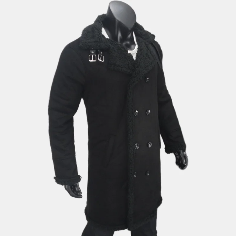 Winter Men's Long Trench Fleece Suede Faux Fur Double Breasted Coat Jacket S-5XL