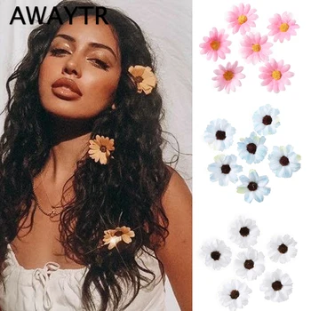 AWAYTR-새로운 작은 꽃 머리핀, 귀여운 데이지 모자, 로맨틱 헤어 액세서리, 소녀 사이드 앞머리 클립, 달콤한 헤어 클립 머리핀, 6 개