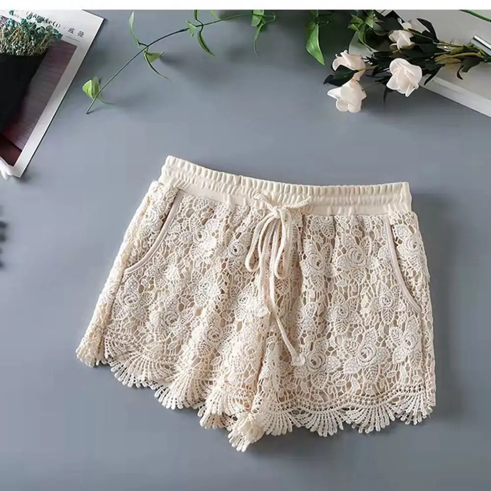 Boho Holiday Crochet Shorts for Women High Waist Hollow Out Lace-up Female Short Ladies Summer All-matching Trousers