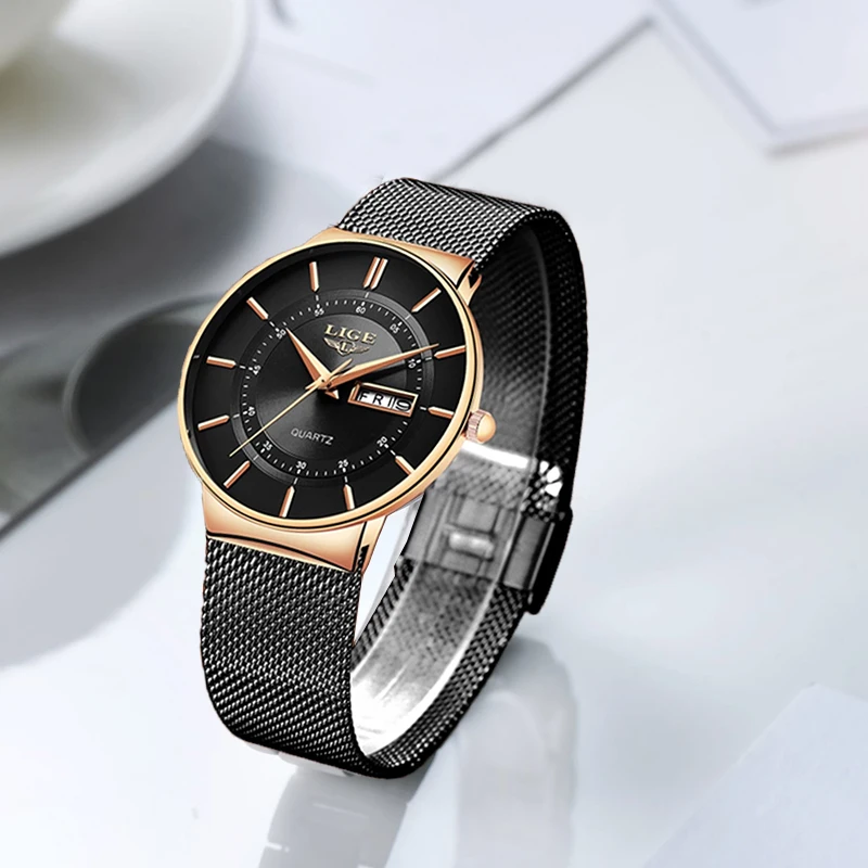 LIGE Women's Luxury Ultra-Thin Quartz Watch with Mesh Stainless Steel Band - Waterproof Gift Set with Box