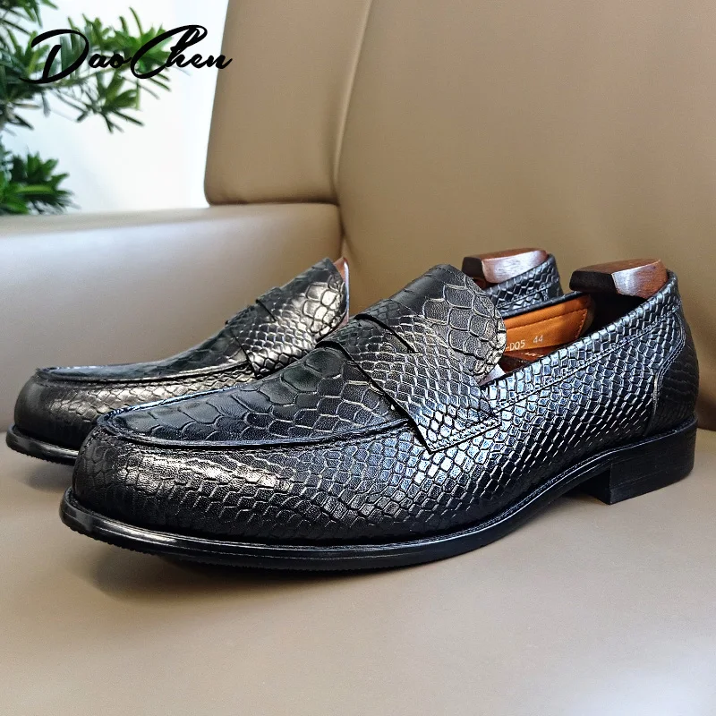 BRAND LEATHER BROWN BLACK SLIP ON SNAKE PRINT MEN'S CASUAL SHOES WEDDING OFFICE BANQUET casual loafers men_voghion.com
