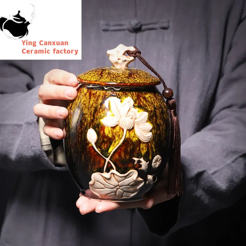 

Antique Ceramic Large Tea Caddy Medicinal Materials Moisture-proof Jar Kitchen Spice Airtight Container Home Storage Accessories
