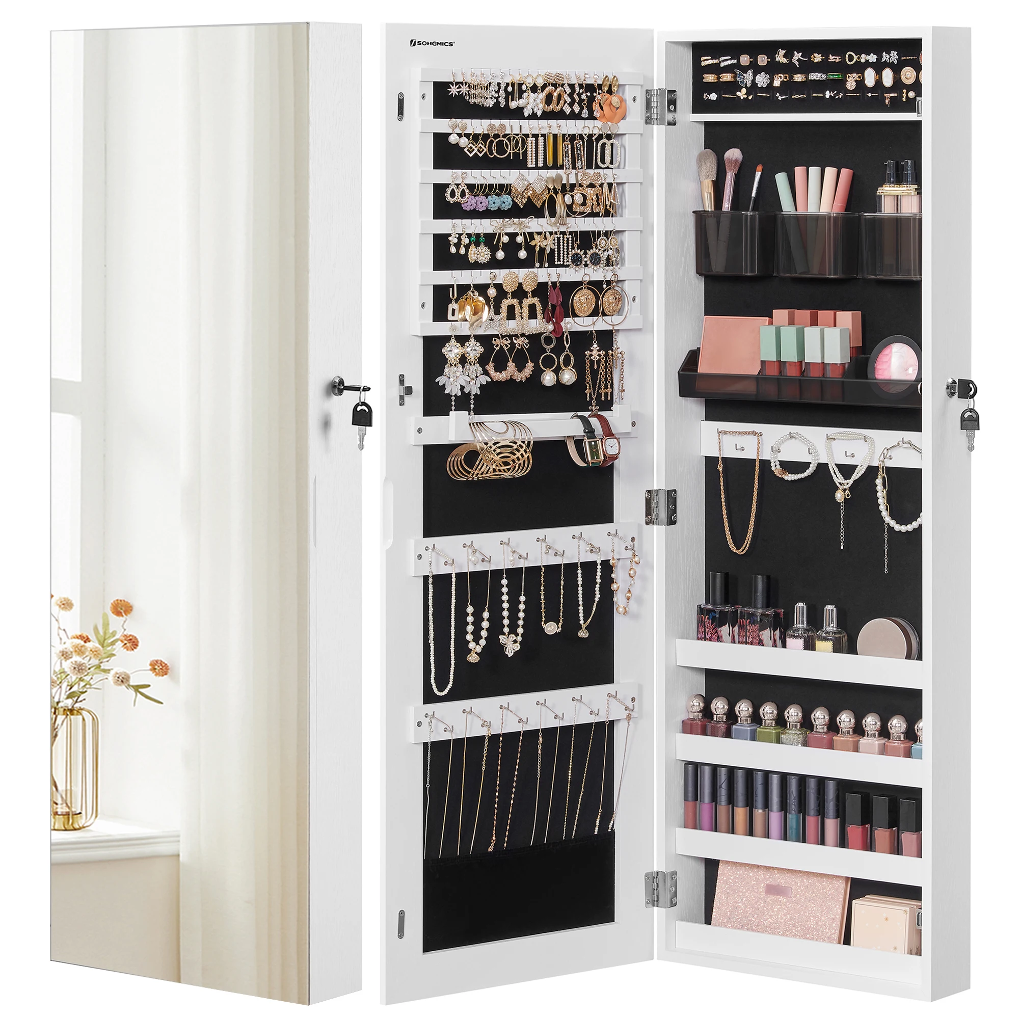 SONGMICS Jewelry Cabinet Armoire, Lockable Wall-Mounted Organizer Unit with 2 Plastic Cosmetic Storage Trays