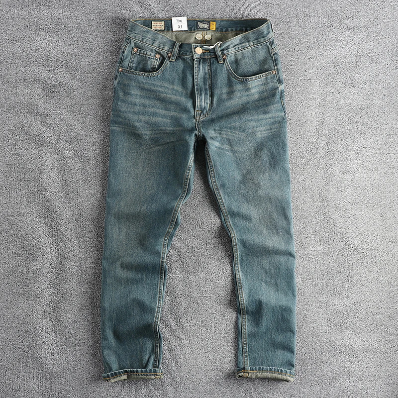 

May Khaki vintage blue jeans men's crease wash craft fit straight leg youth basic casual pants
