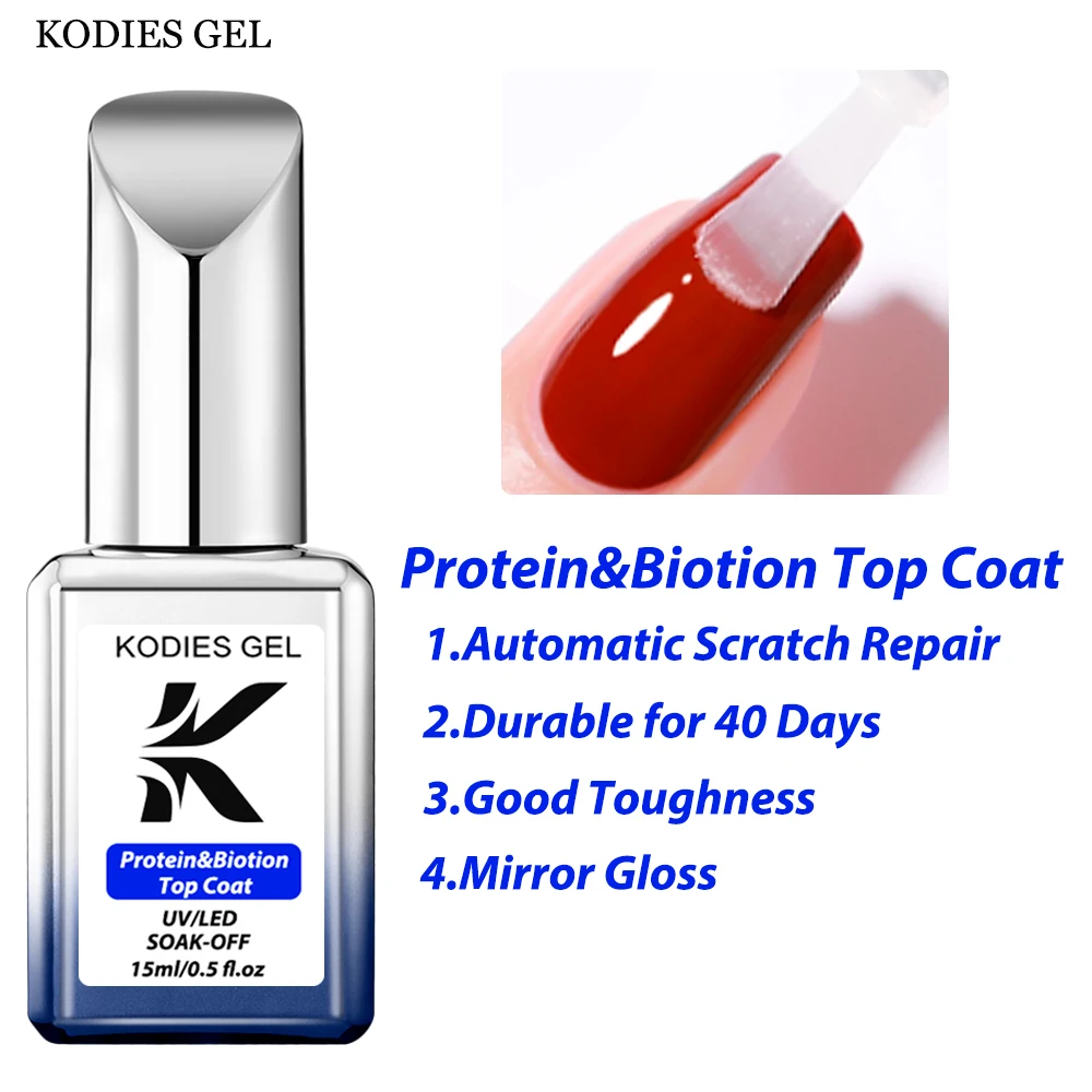 KODIES GEL Glossy Gel Top Coat No Wipe Protein Biotin Base Gel Nail Polish Semi Permanent UV/LED Soak Off Manicure Varnish