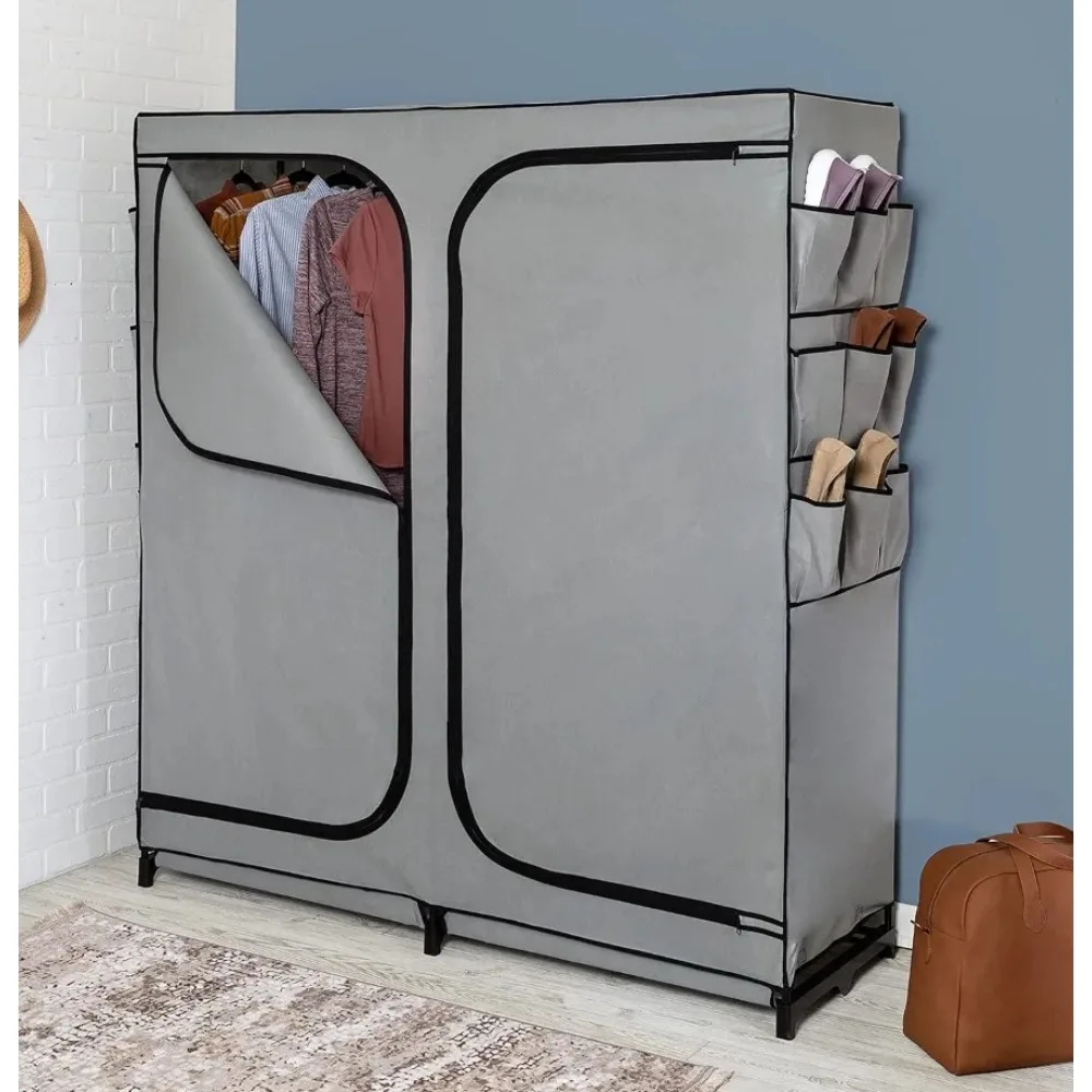 Closet Wardrobe, with Cover & Side Pockets and 60-Inch Wide 2-Door, Grey, Portable Wardrobe