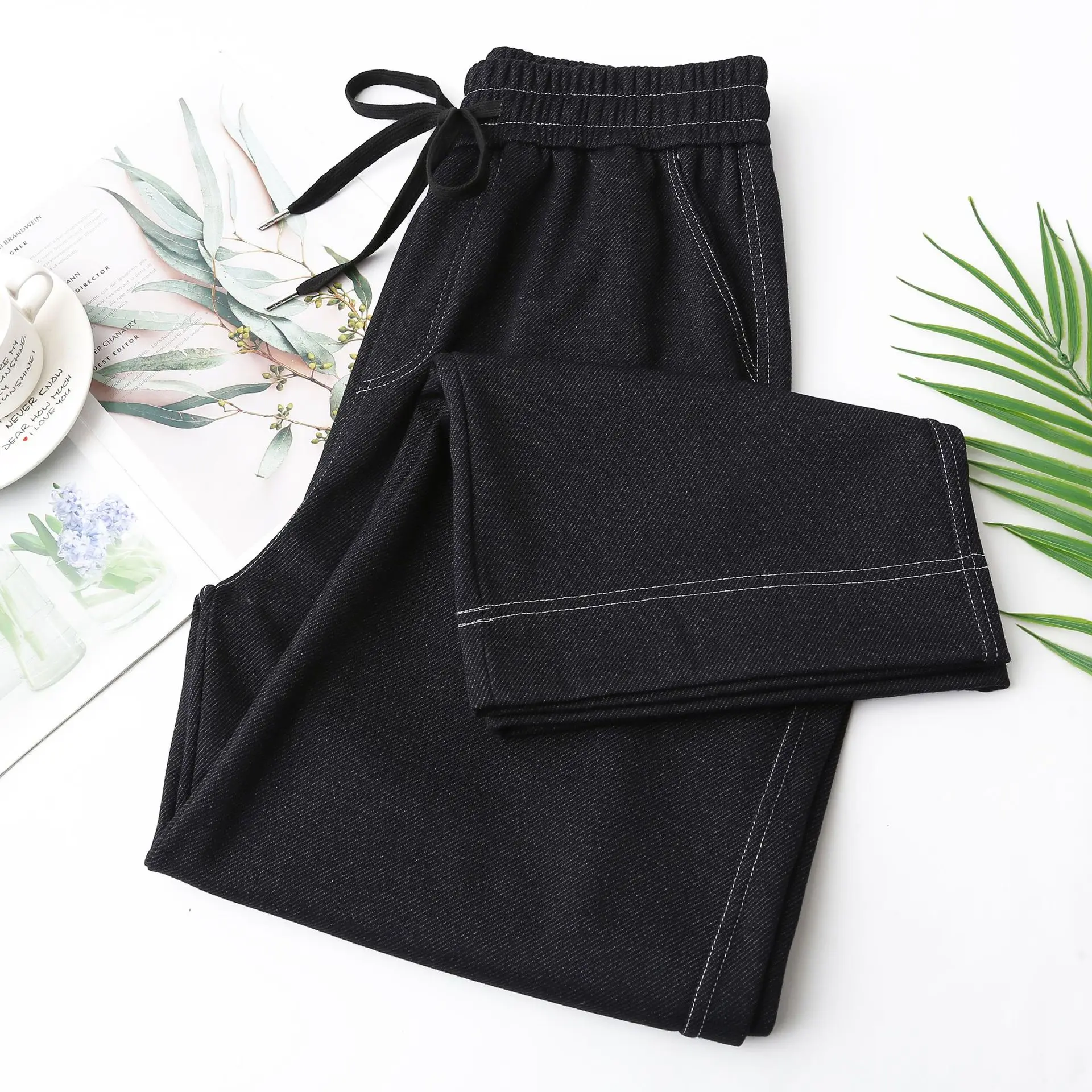 Fashion Plus Size Women's Straight Leg Jeans New Autumn Style Casual Drawstrings Waist Full Length Pants 25007