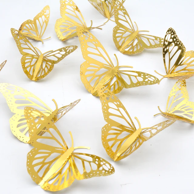12Pcs Metal Texture Gold Artificial Butterfly Cake Topper Cake Decoration Simulation Butterflies Wedding Crafts Party Decoration G04