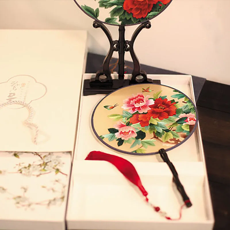 Chinese Style Double-Sided Embroidery Circular Fan, Round Embroidery Fan, Suzhou Flower Birds Pattern, Pure Hand Embroidered P