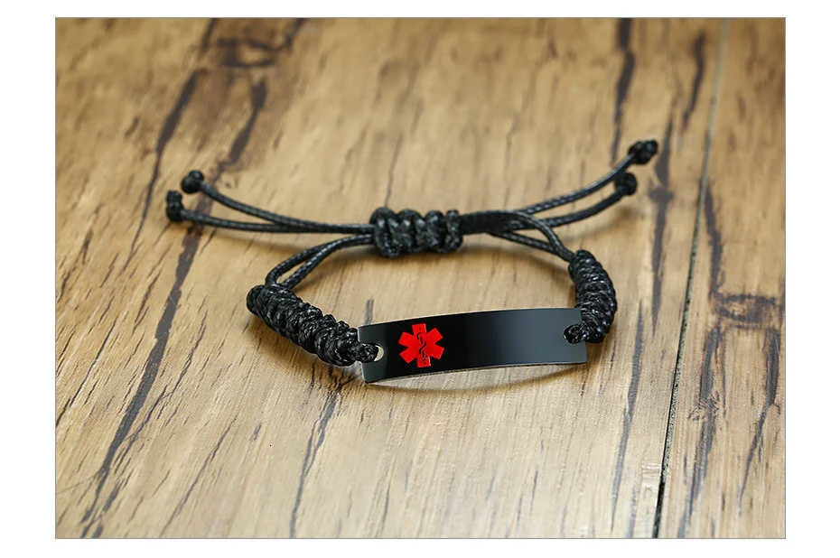 Vnox kostenlose benutzer definierte Edelstahl medizinische Alarm ID Armbänder für Frauen Mann Kinder lässige Größe verstellbare schwarze Schnur Seil Pulsira – Detail 7