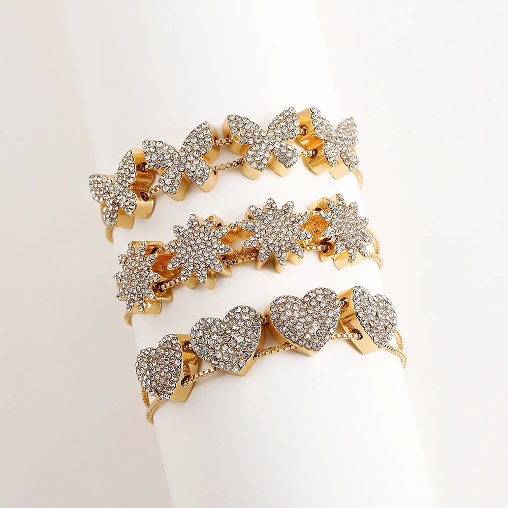 Handmade 18K Gold Plated Love Heart Butterfly Flower Bracelet for Women Double Chains Zircon Evil Eye Bangle Party Gift Jewelry