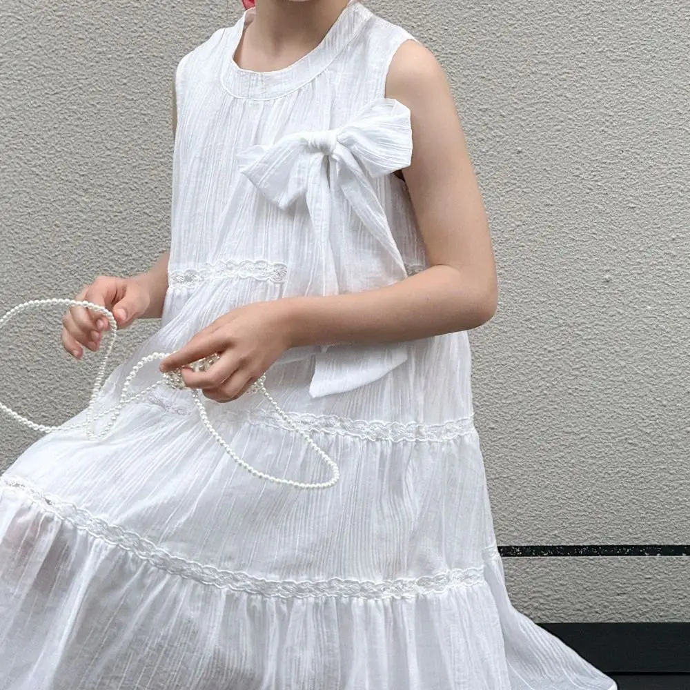 Elegant Ruffle Girls Princess Dress Loose Large Bow Summer Cake Dress Children Party Teens Long Dress Students