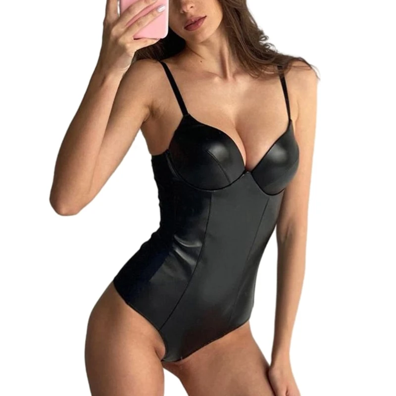 Womens PU Leathers Bodysuits Sexy OnePiece Sleeveless Deep V-Neck Bodysuits Body Shaper Dropship