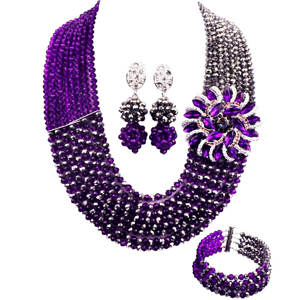 

Purple Nigerian Wedding African Beads Jewelry Set Crystal Bride Bridesmaid Necklace Bracelet Earrings