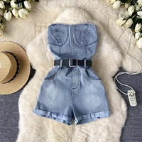 Women Denim one pieces Summer Playsuit Fashion Hot Drill High Waist Slim Sleeveless Strapless Sashes Outfits - Image 5