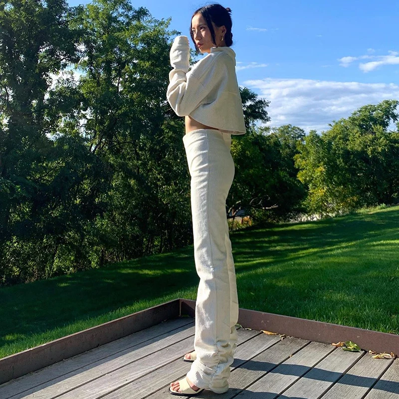 2021 Women's High Waist Pants Hem Pleated Full Length Pant Casual Elegant White Trousers Autumn Streetwear Pencil Pants New