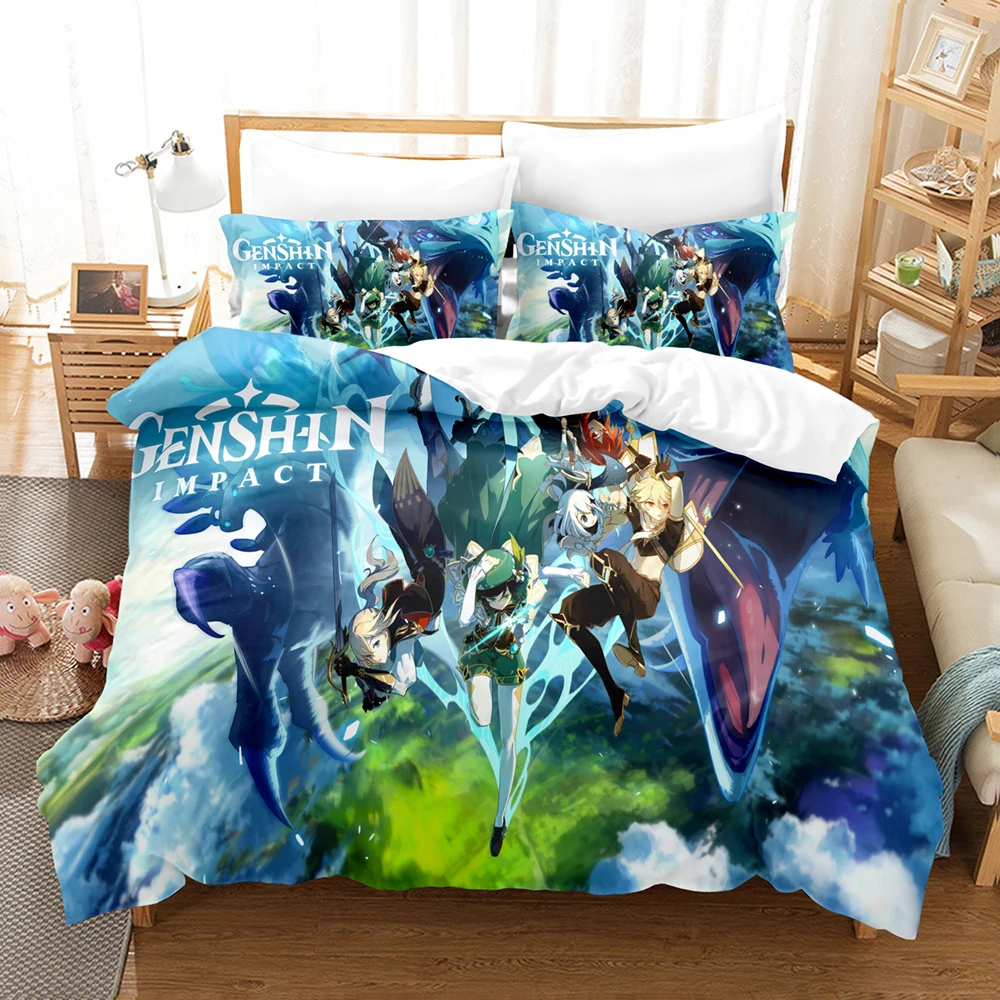 

3D Crayon Genshin Impact Bedding Sets Duvet Cover Set With Pillowcase Twin Full Queen King Bedclothes Bed Linen