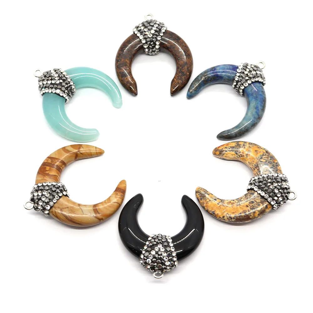 

1pc Moon Shaped Natural Semi-precious Stone with Rhinestone Pendants Turquoise Agate DIY for Making Necklace Earrings 33x32mm