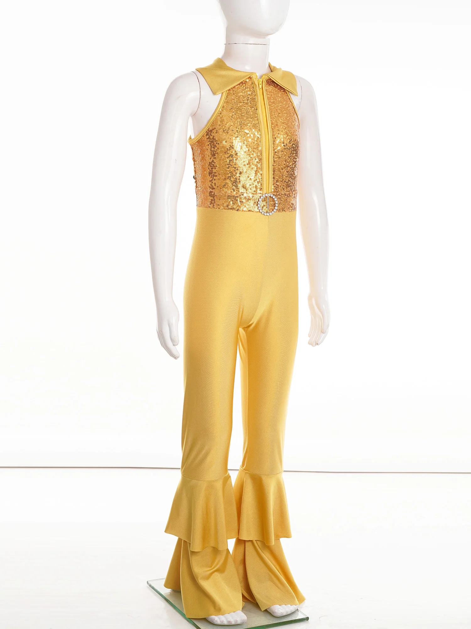 Kids Girls Ballroom Dance Costumes Shiny Sequins Zipper Diamond O-ring Front Tiered Bell-bottom Long Pants Disco Dance Leotards