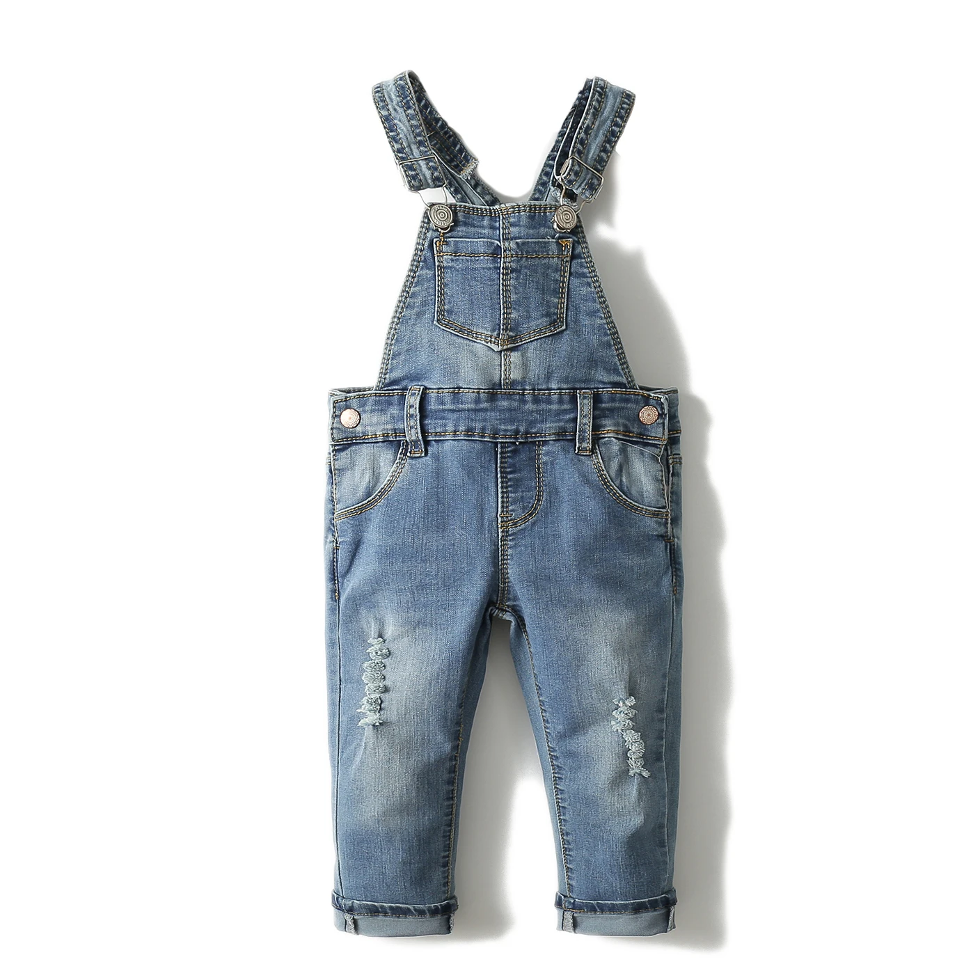 KIDSCOOL SPACE Children Girls Big Bibs Pockets Ripped Holes Washed Cotton Soft Denim Jeans Overalls Romper Playsuit