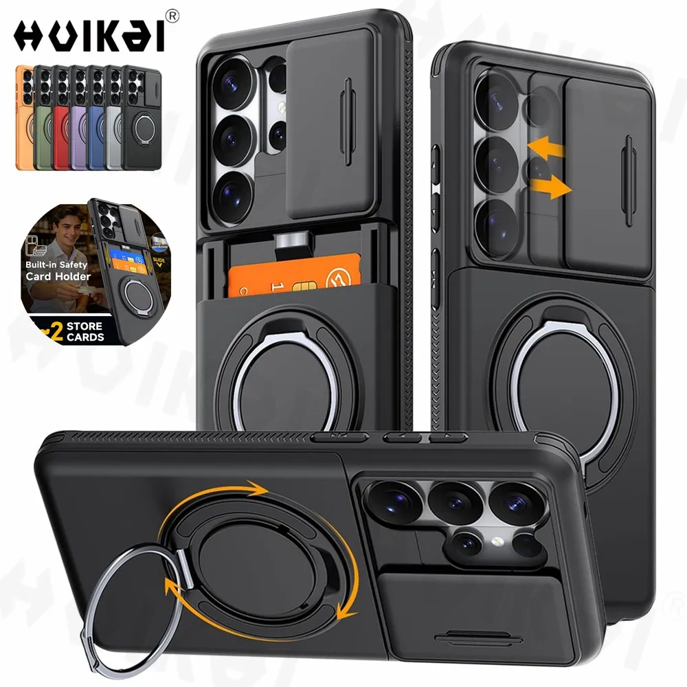 Enhanced Shockproof Protective Case with Slide Camera Cover, Rotating Ring Kickstand, and Card Holder