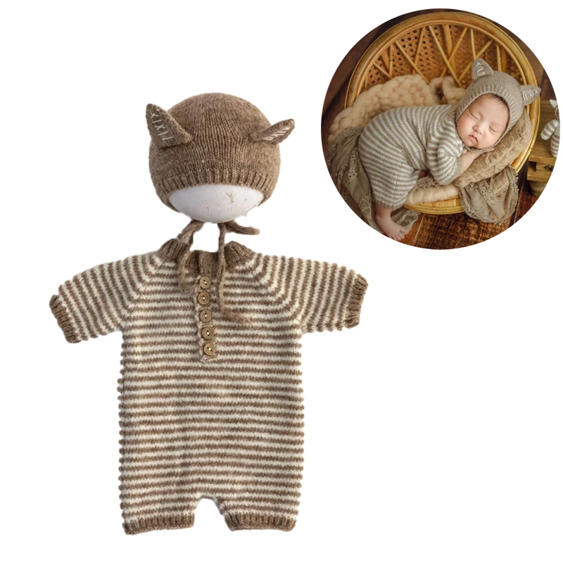 

Knitted Bear Photography Outfit Striped Casual Theme Jumpsuit Newborn Photography Clothing For 0-1 Months Studio Photo Costume