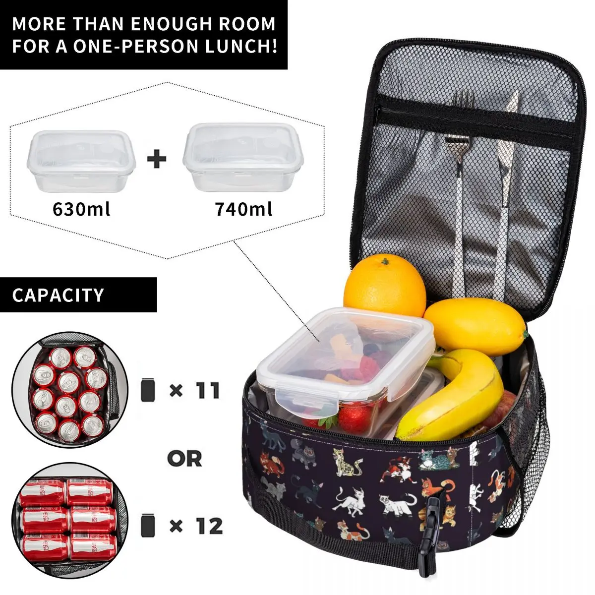 Warrior Cute Cats Lovers Insulated Lunch Bags Large Cool Lunch Container Cooler Bag Tote Box School Picnic Girl Boy