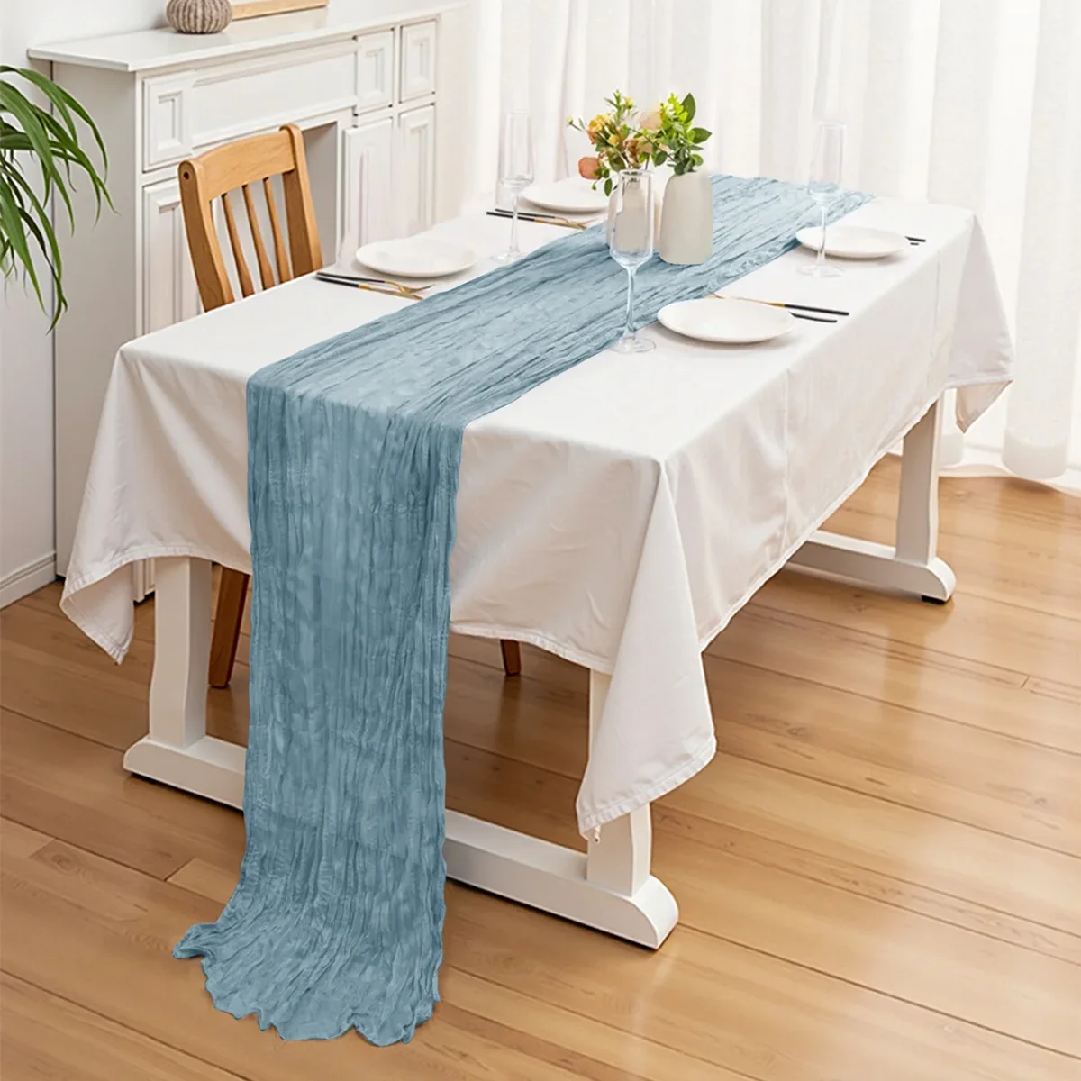 31.5IN X 118.11IN Christmas Table Runner, Rustic Polyester Cheesecloth Tableclot