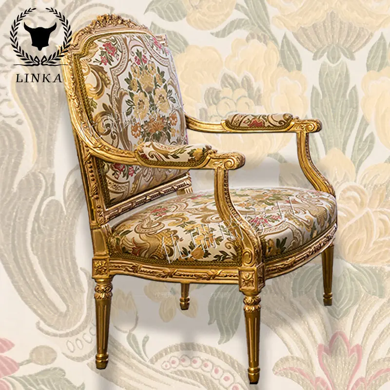 

European-style dining chairs, solid wood carved noble sofa chairs, gold foil for old Italian court luxury fabric leisure chairs.