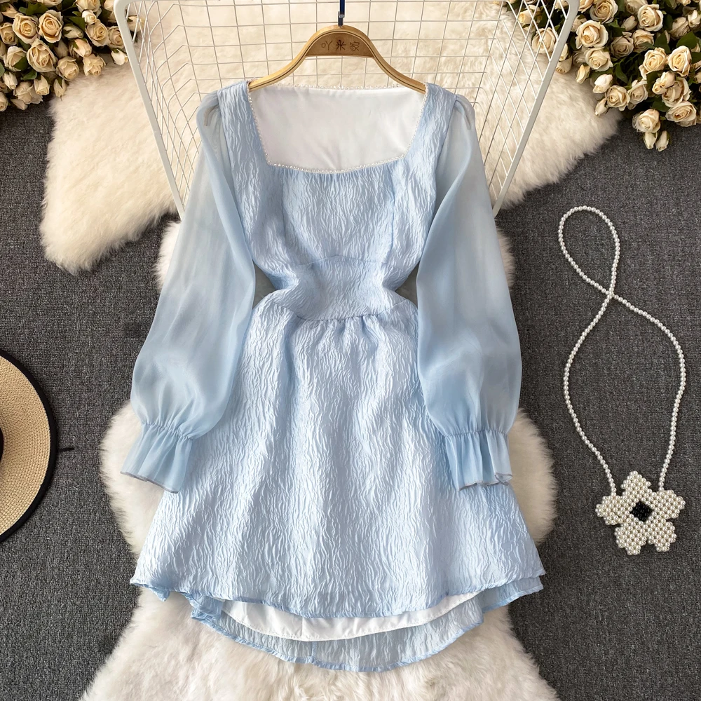 

Spring French Sweet Long-sleeved Square Neck Mesh Spell to Receive Waist Thin Small a Short Section a Word Dress