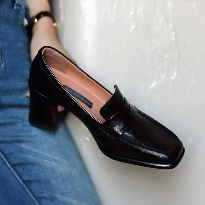 2024 Spring and Autumn Shoes Square Toe Casual Shoes Formal Black Light Mouth Solid Color Fashion Simple Basic Style High Heels 4