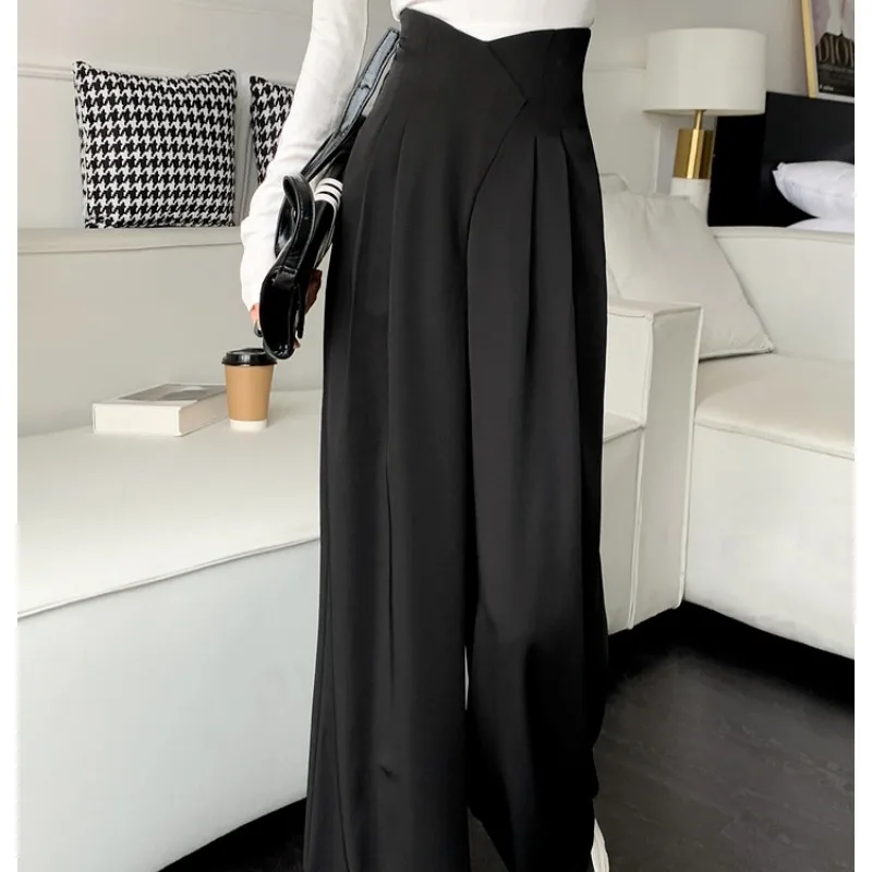 Women's 2024 Spring Summer New Fashionable Formal High Waist Solid Color Panel Ruched Pocket Wide Leg Straight Full Length Pants