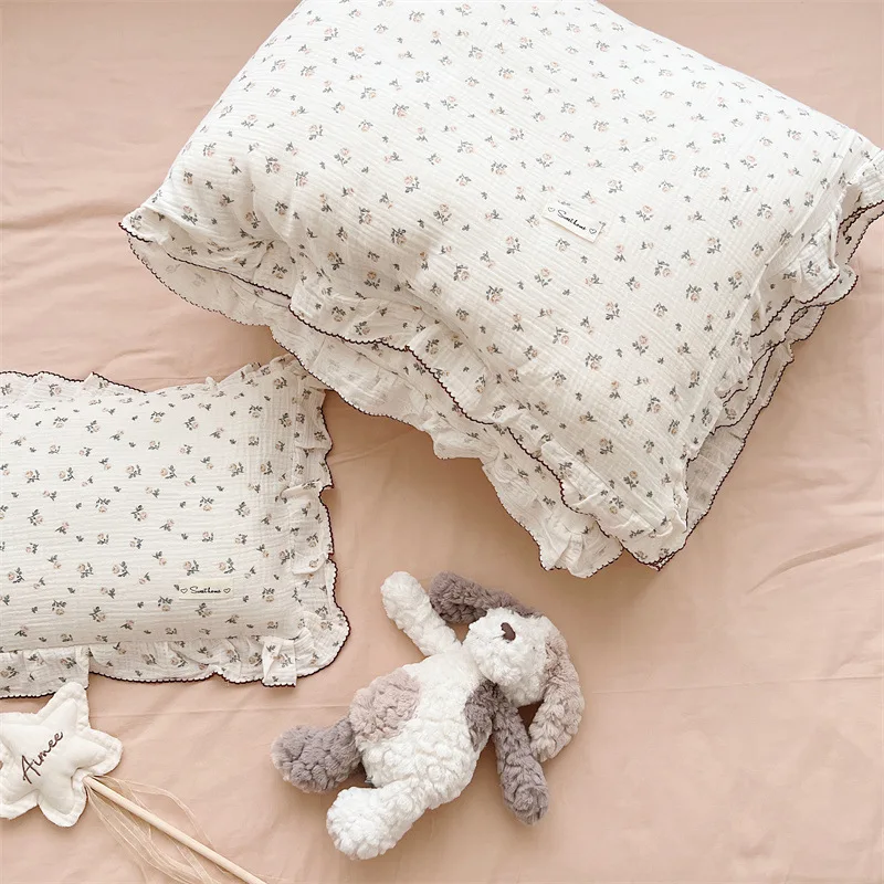 INS Princess Ruffle Edge Gauze 100% Cotton Pillow Case Breathable Duvet Cover Without Filler 3PCS Floral Home Bedding Set 4