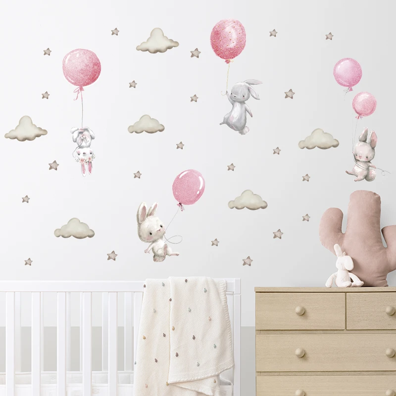 Cartoon Pink Baby Elephant Wall Stickers Hot Air Balloon Wall Decals Baby Nursery Decorative Stickers Moon and Stars for Girl,wall stickers,self adhesive stickers,vinyl stickers,self adhesive wall stickers,vinyl wall stickers