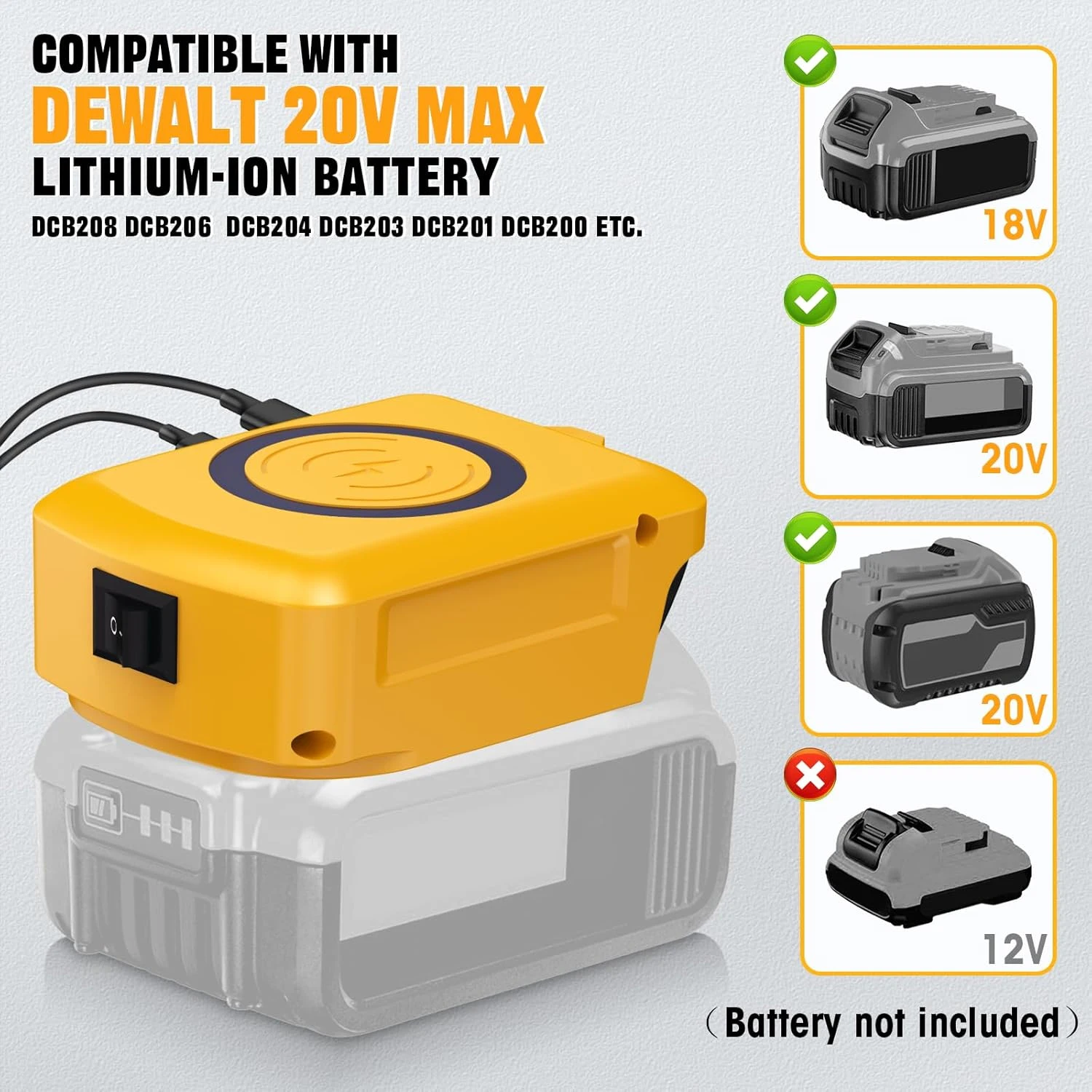 Dewalt 20V 리튬 이온 배터리용 무선 전화 충전기 USB 포트 및 TYPE C 포트가 있는 휴대폰 충전기 휴대용 야외용 보조 배터리