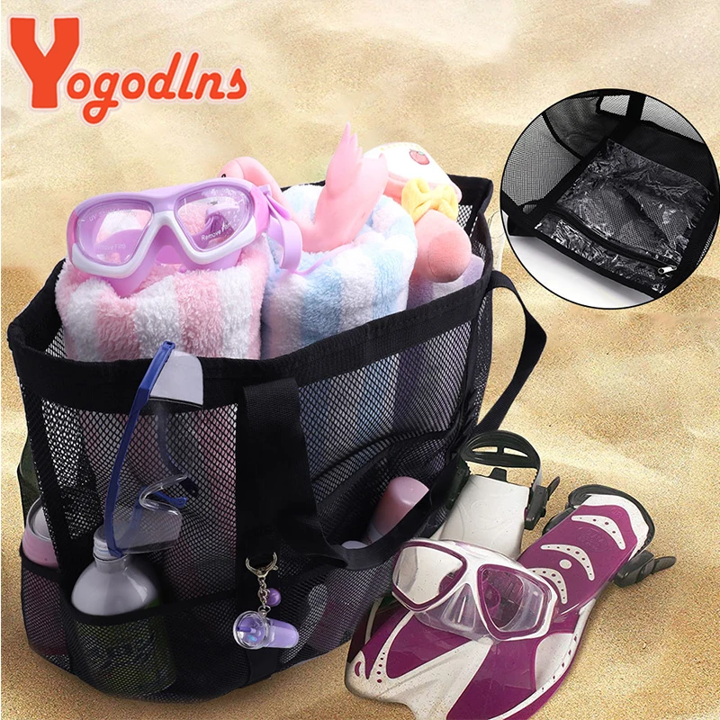 Summer Black Mesh Tote Bag For Women Woven Hollow Beach Bag Travel Portable Storage Handbag Shopper Tote Sport Gym Bags