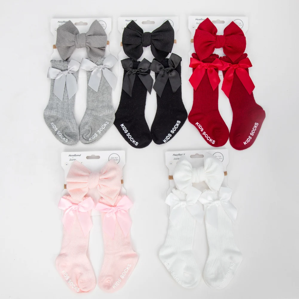 3-Piece Baby Cotton Knee Socks and Hair Bow Headband Set