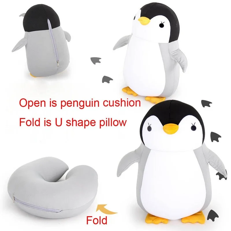 Oreiller de voyage en forme de U déformable, coussin de pingouins d'avion, jouet en peluche, oreiller de cou